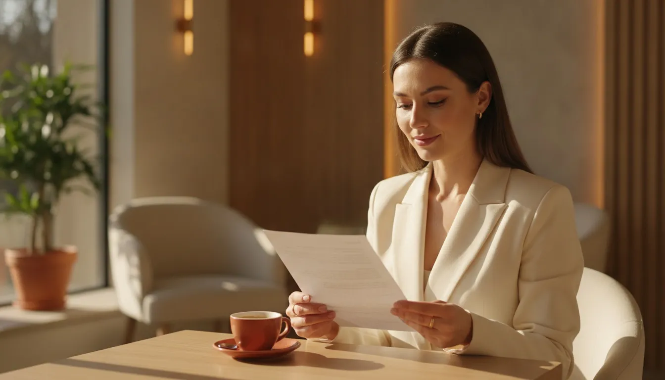 A practice owner reading a printed briefing by a window in morning light