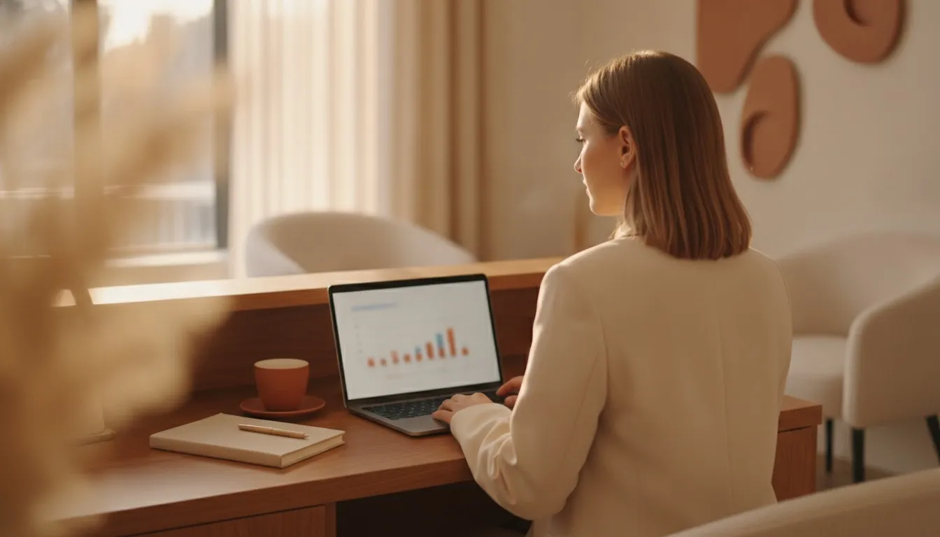 Over the shoulder of a front-desk coordinator, a laptop full of blurred marketing charts