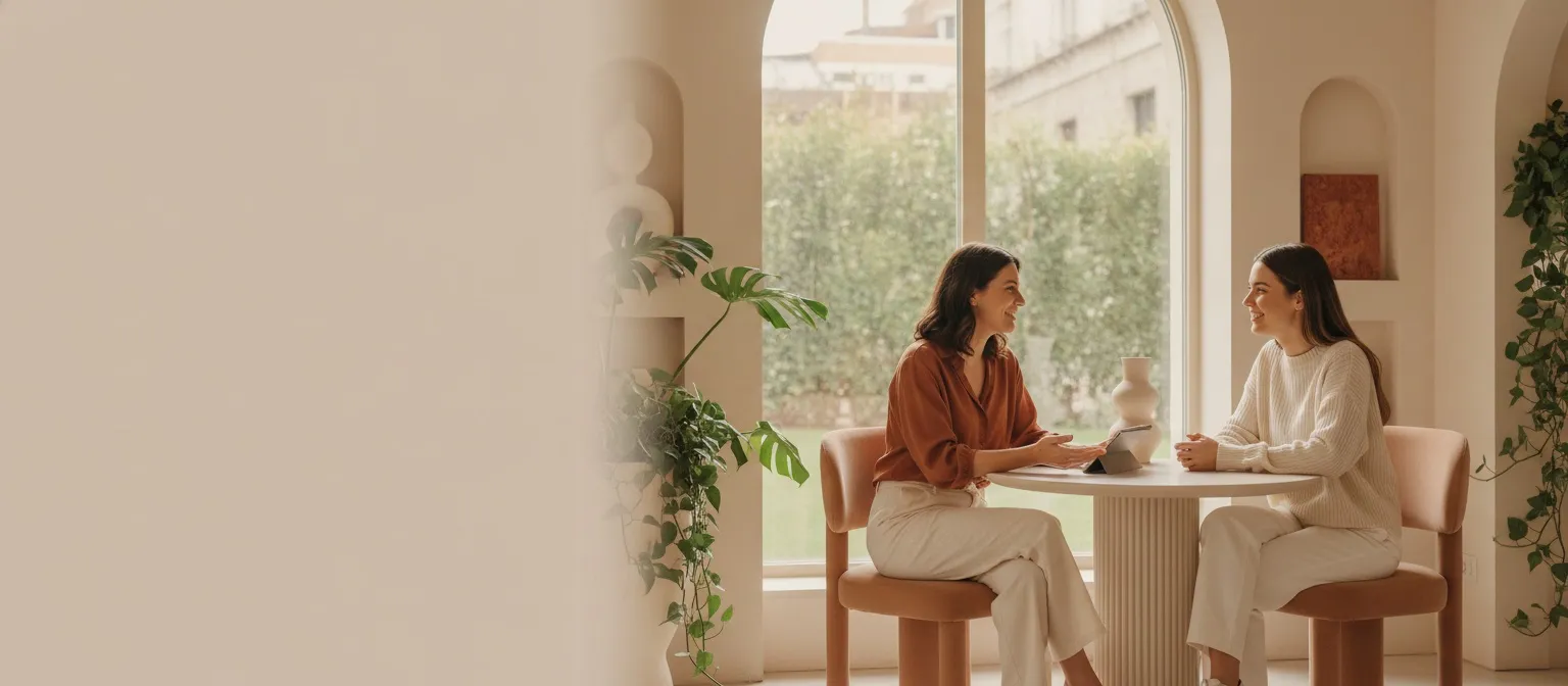 A clinician and a patient in a warm, unhurried consultation in a bright clinic