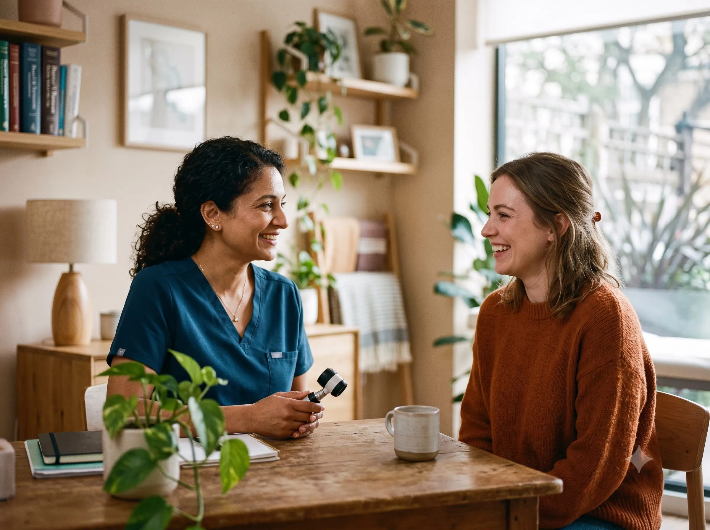 A clinician sharing a warm, unhurried conversation with a patient