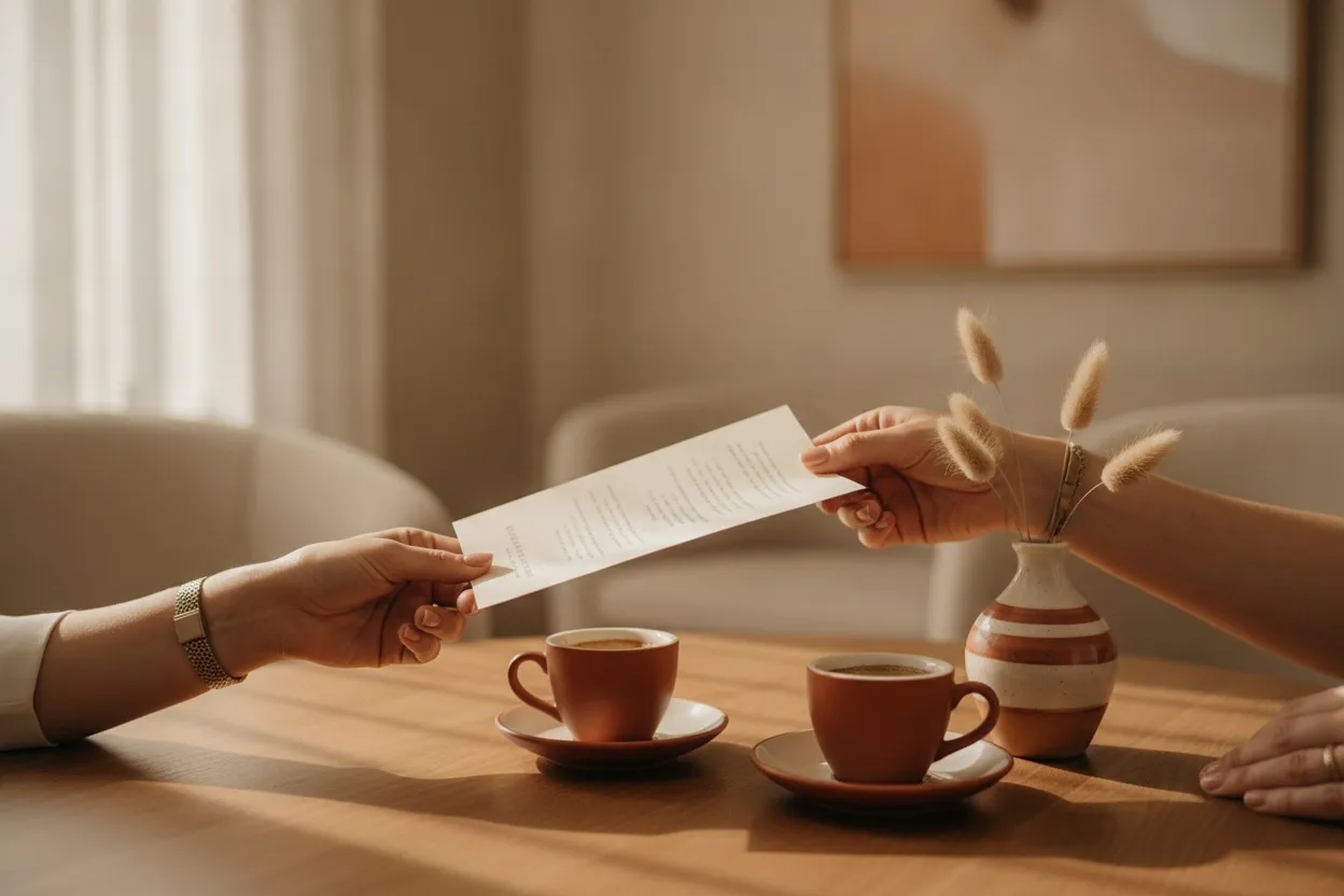 One person passing a single printed briefing page to another across a warm wooden table