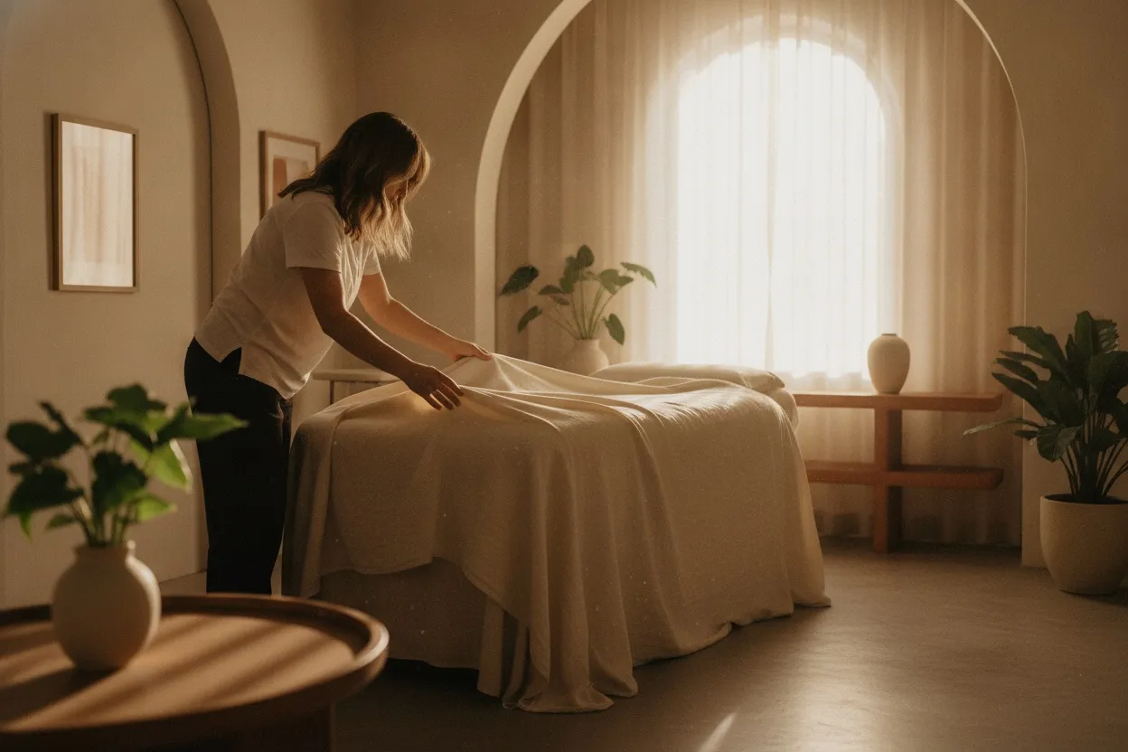 A clinician smoothing the linen cover of a treatment bed in warm window light