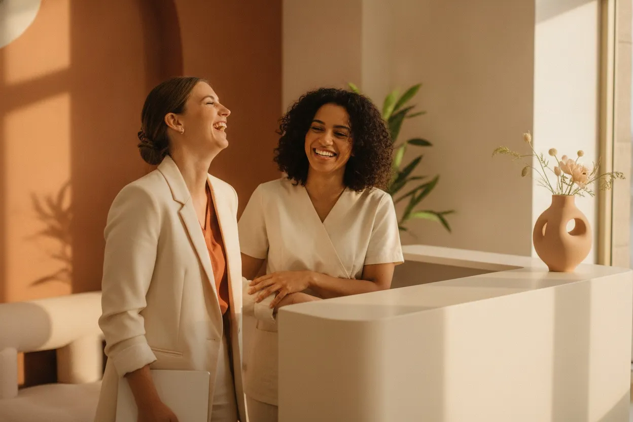 Two practice team members sharing a laugh at the front desk between patients