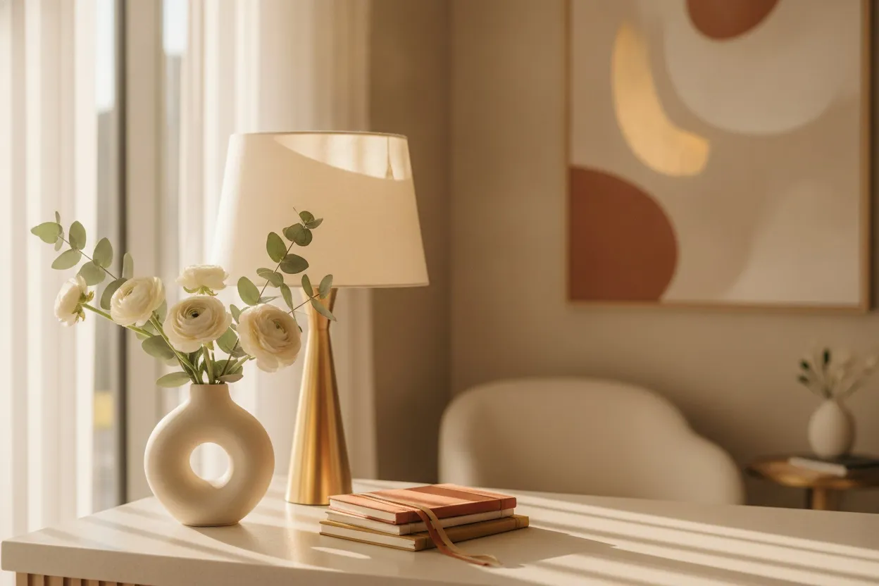 Fresh flowers and linen notebooks beside a warm lamp at a clinic reception