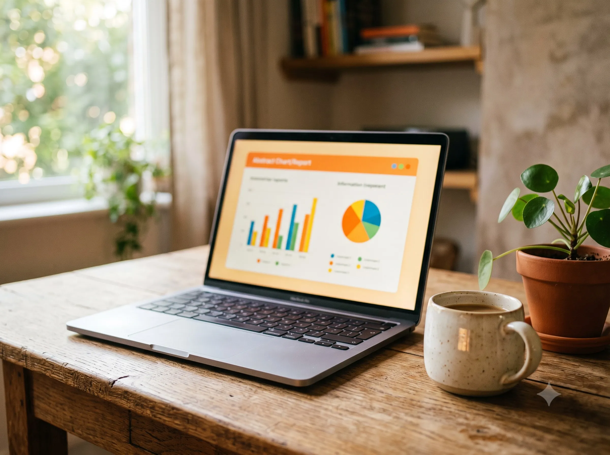 A laptop on a warm wooden desk showing a simple report