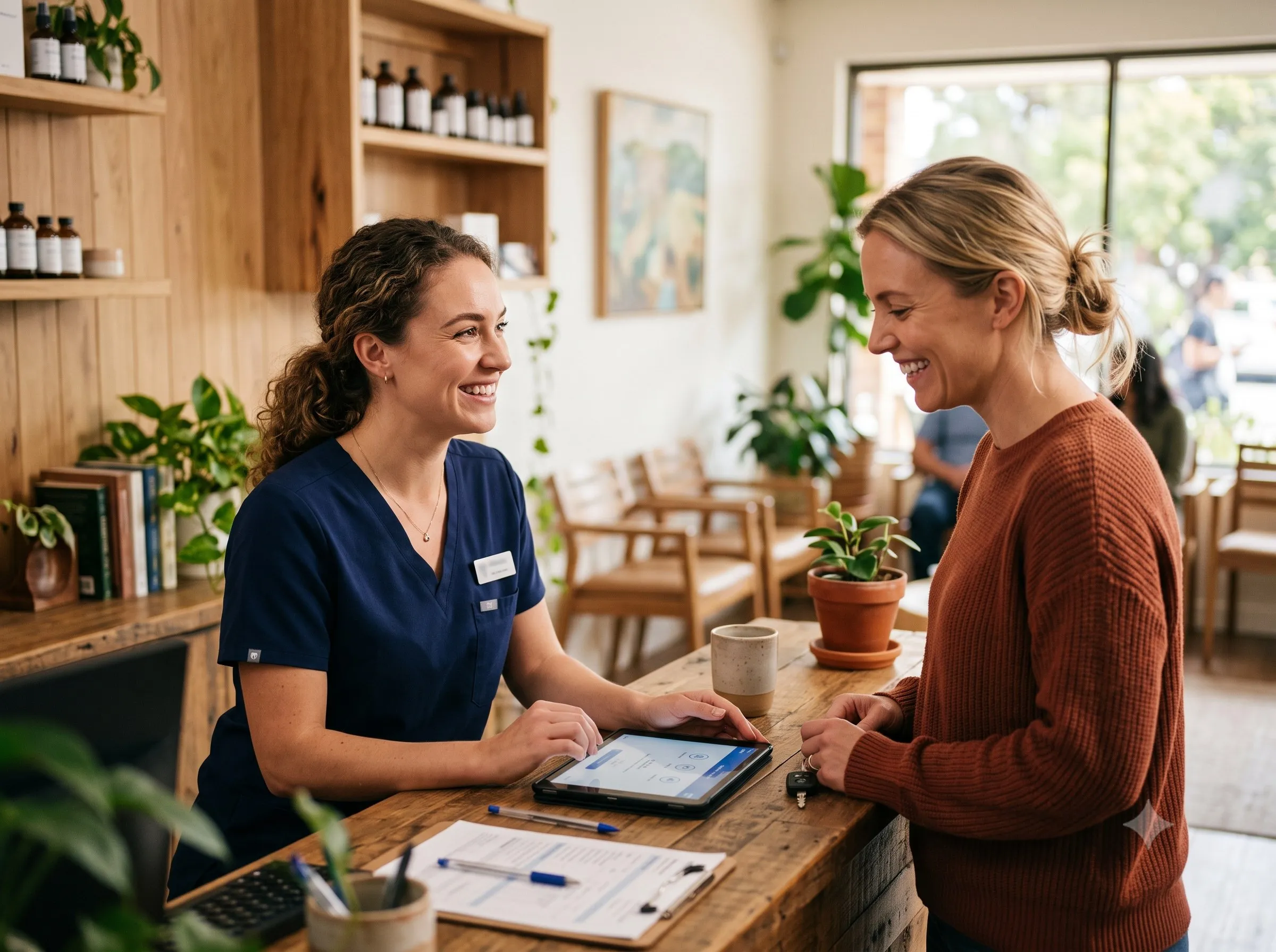 A receptionist and patient sharing a friendly check-in moment