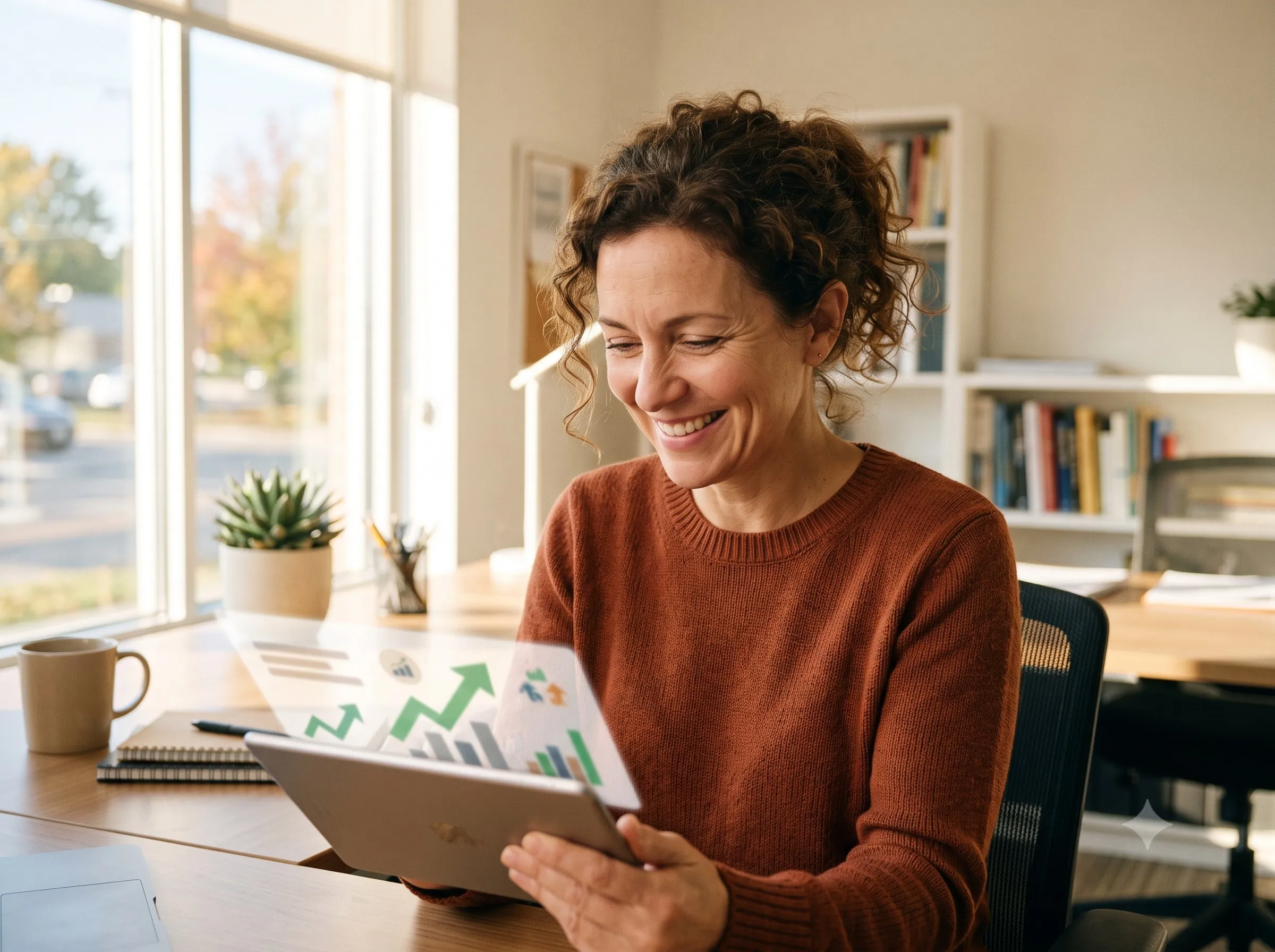 A practice owner reading findings on a tablet, visibly relieved