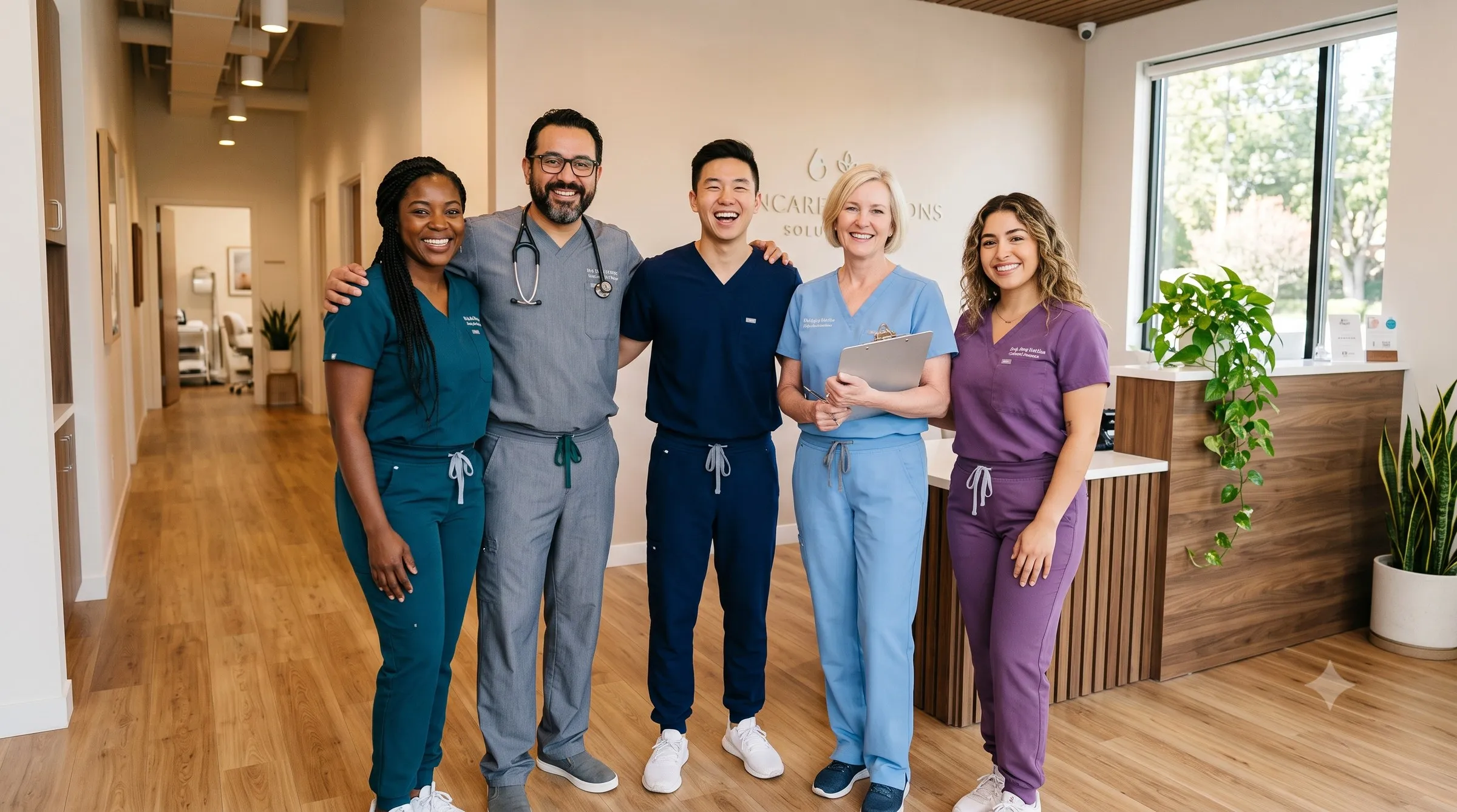 A practice team gathered in their clinic, at ease with each other